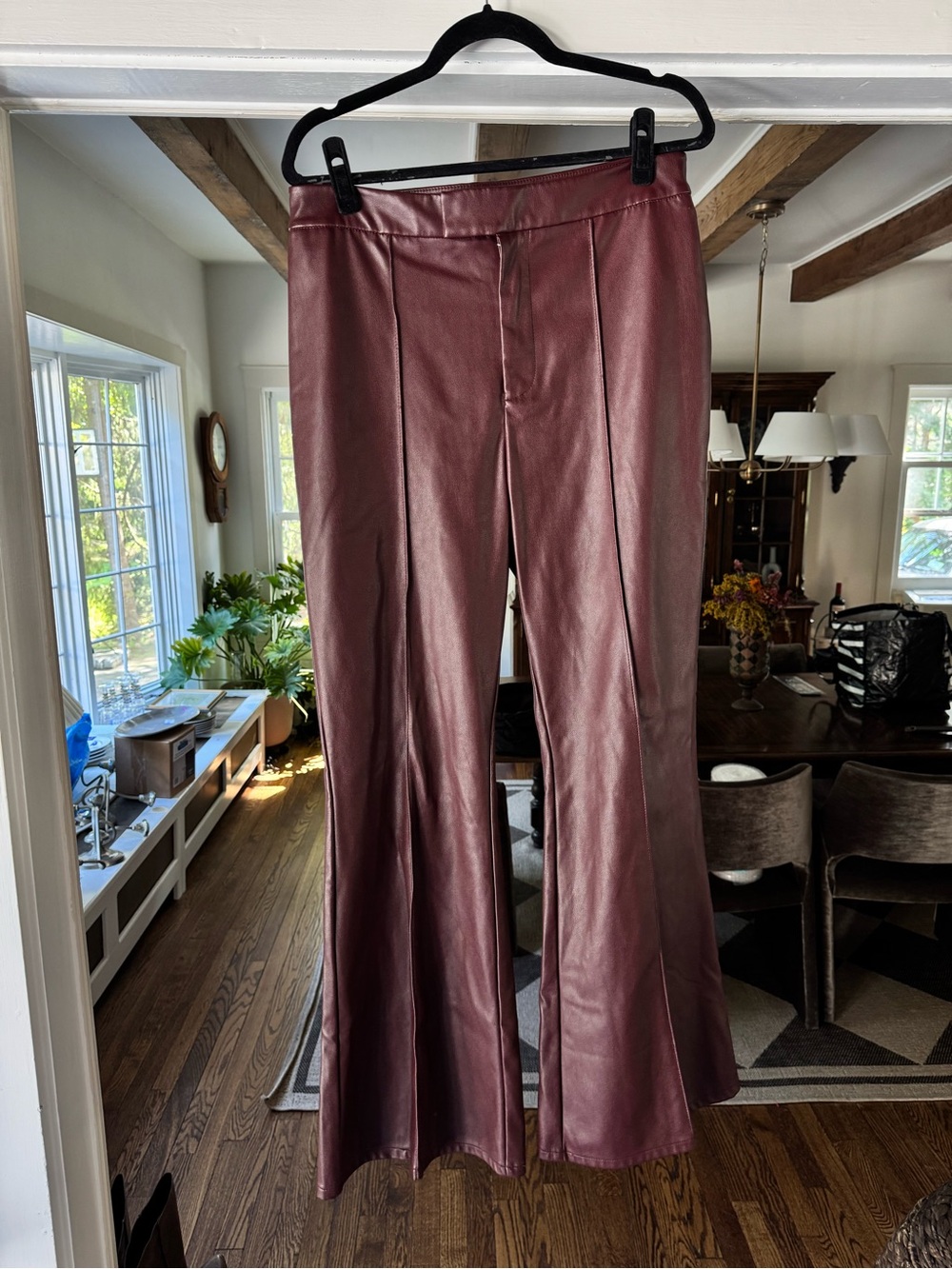 7 For All Mankind Faux Leather Flare Pants in Wine